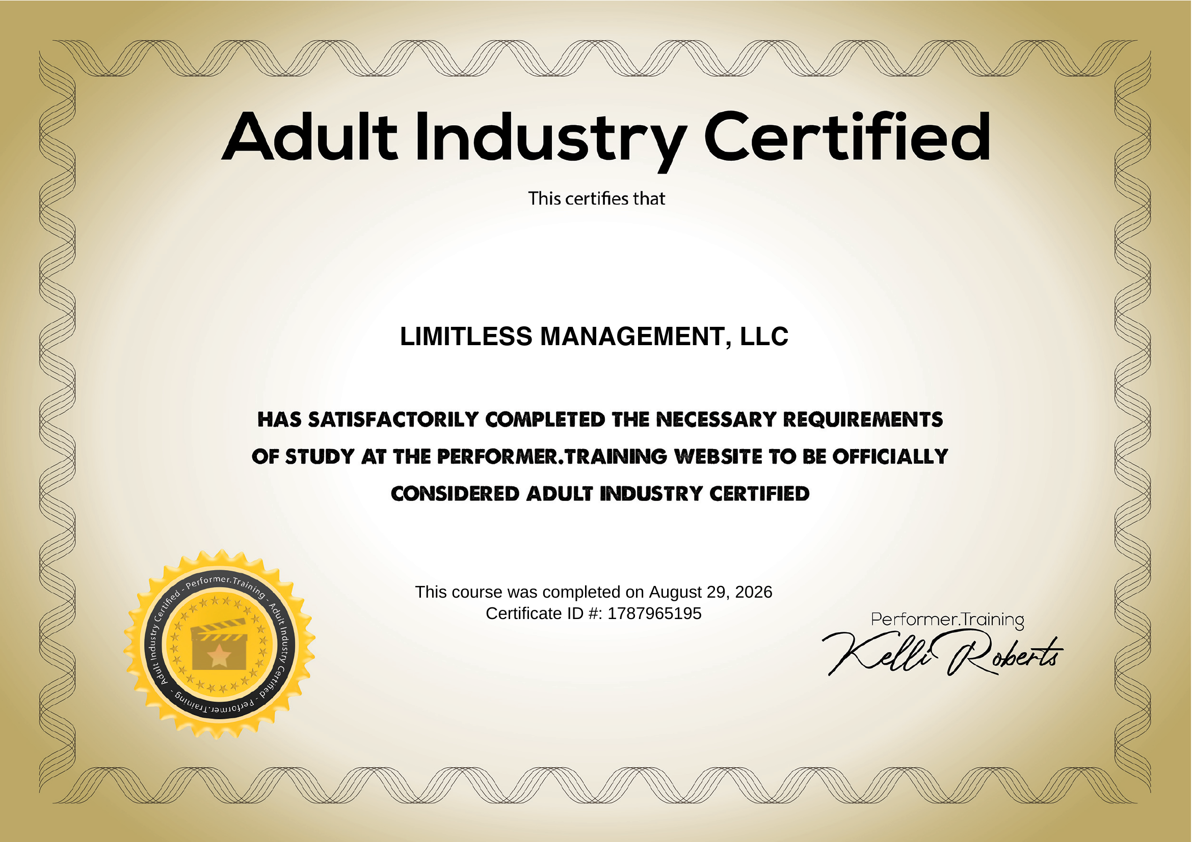 Adult Industry Certified certificate issued to Limitless Management, LLC by Performer.Training