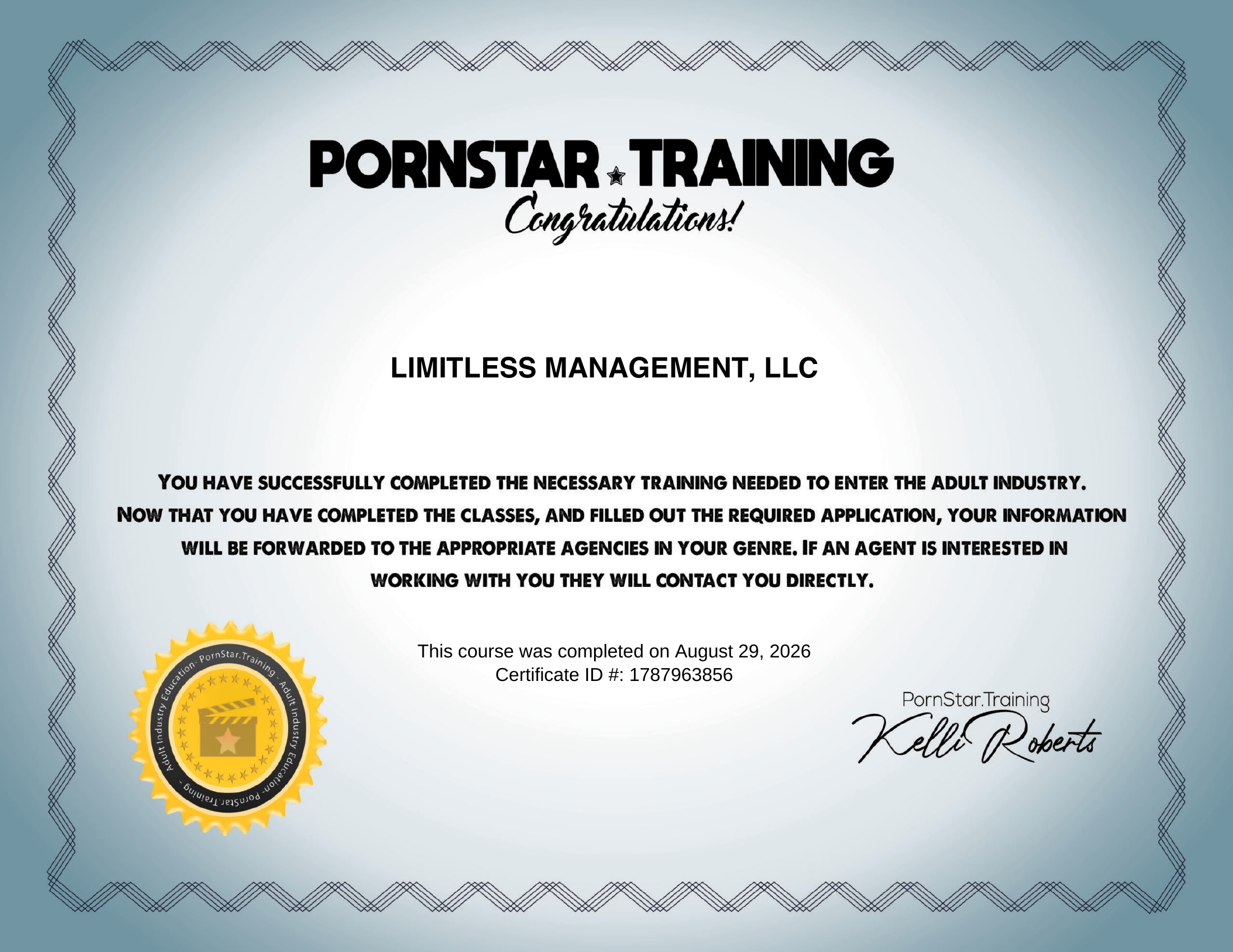 PornStar Training certificate of completion issued to Limitless Management, LLC by PornStar.Training